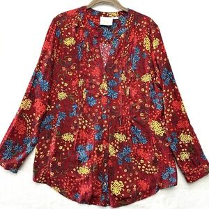 Maeve Anthropologie Printed Pintucked Blouse L Large Red Floral Roll Tab Sleeve